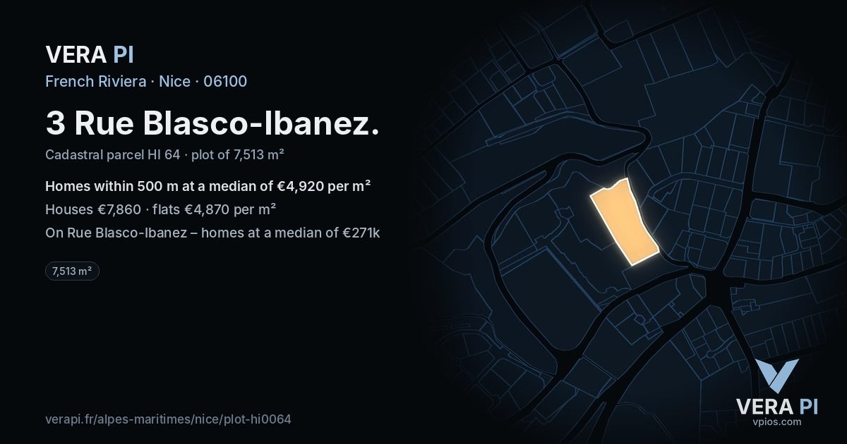 3 Rue Blasco-Ibanez, Nice at night – the plot lit, the parcels around coloured by the prices near them