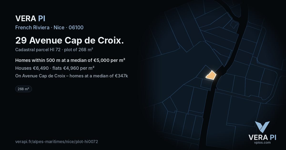 29 Avenue Cap de Croix, Nice at night – the plot lit, the parcels around coloured by the prices near them