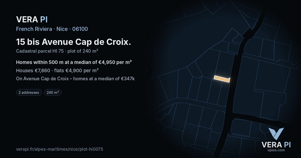 15 bis Avenue Cap de Croix, Nice at night – the plot lit, the parcels around coloured by the prices near them