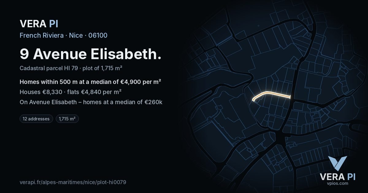 9 Avenue Elisabeth, Nice at night – the plot lit, the parcels around coloured by the prices near them