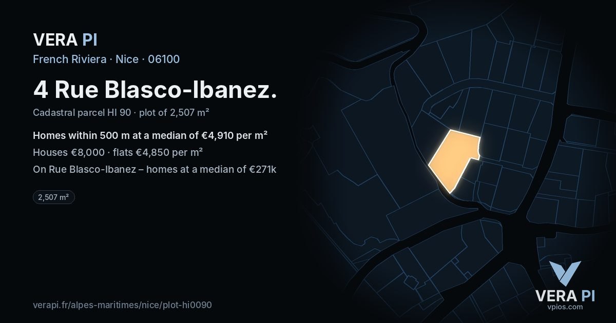 4 Rue Blasco-Ibanez, Nice at night – the plot lit, the parcels around coloured by the prices near them