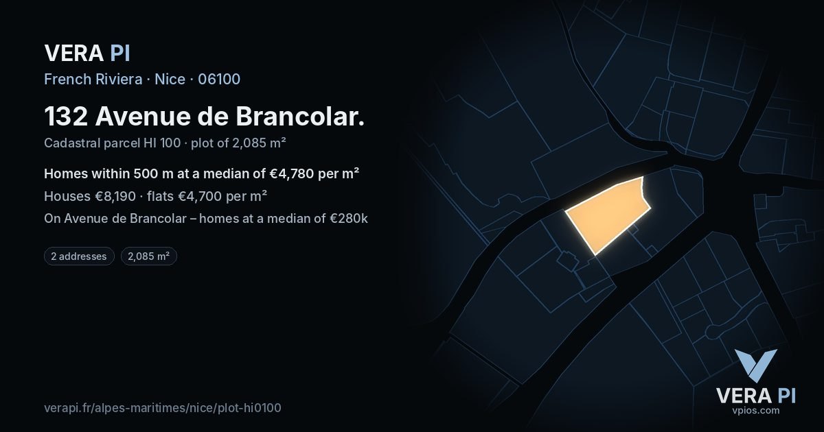 132 Avenue de Brancolar, Nice at night – the plot lit, the parcels around coloured by the prices near them