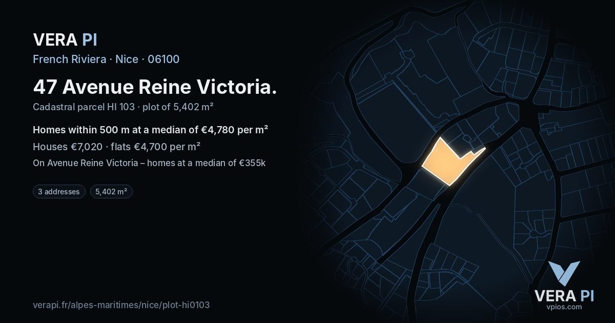 47 Avenue Reine Victoria, Nice at night – the plot lit, the parcels around coloured by the prices near them