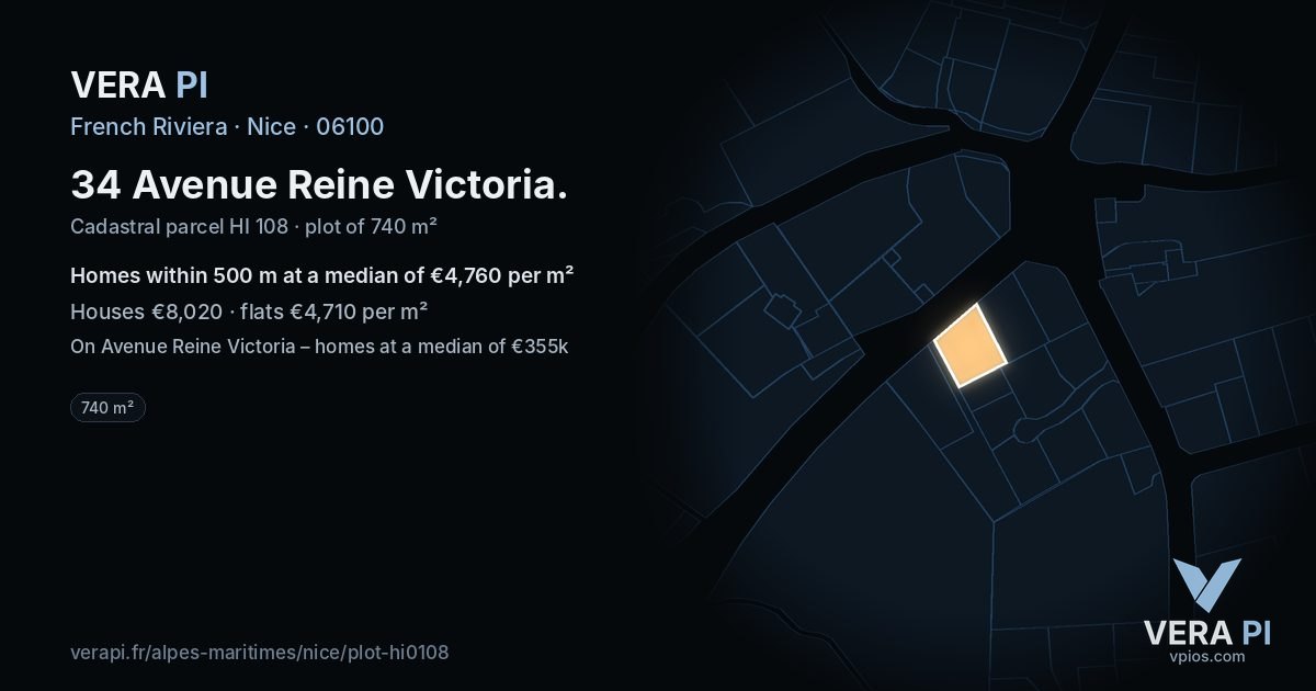 34 Avenue Reine Victoria, Nice at night – the plot lit, the parcels around coloured by the prices near them