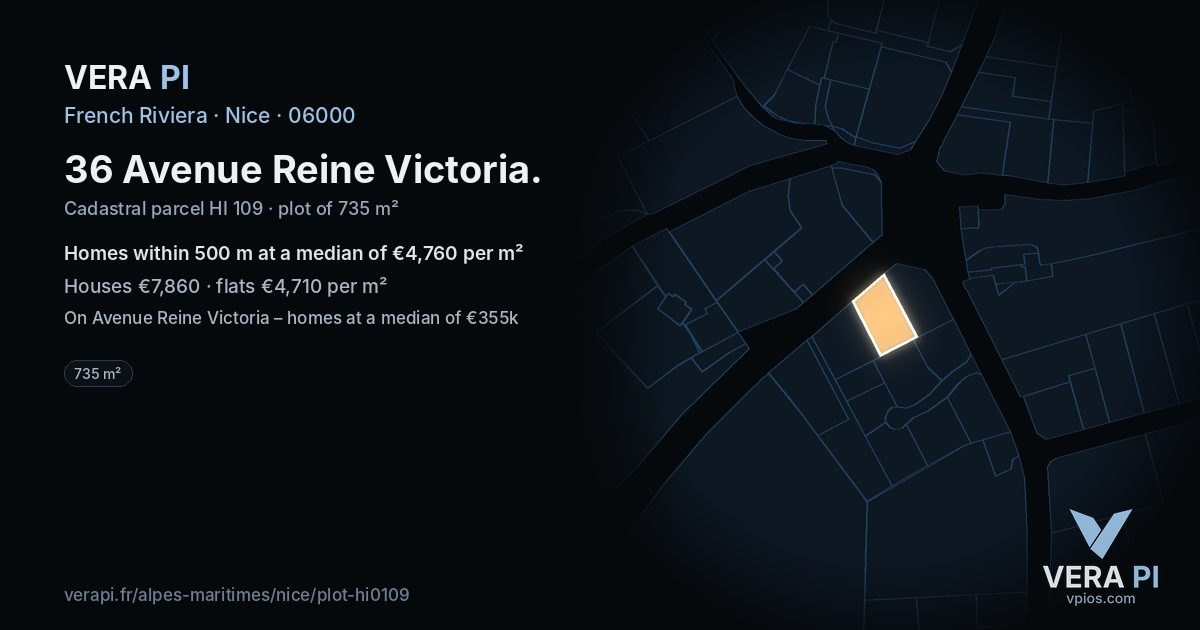 36 Avenue Reine Victoria, Nice at night – the plot lit, the parcels around coloured by the prices near them