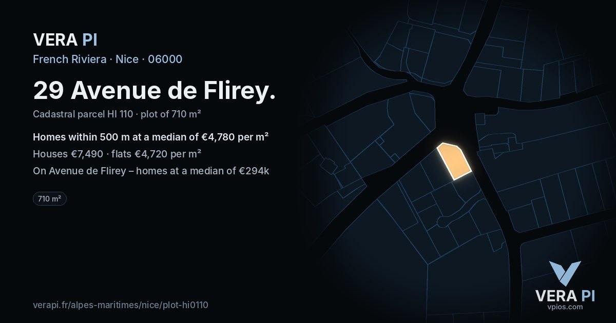 29 Avenue de Flirey, Nice at night – the plot lit, the parcels around coloured by the prices near them
