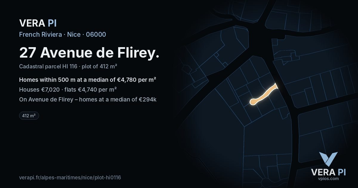 27 Avenue de Flirey, Nice at night – the plot lit, the parcels around coloured by the prices near them