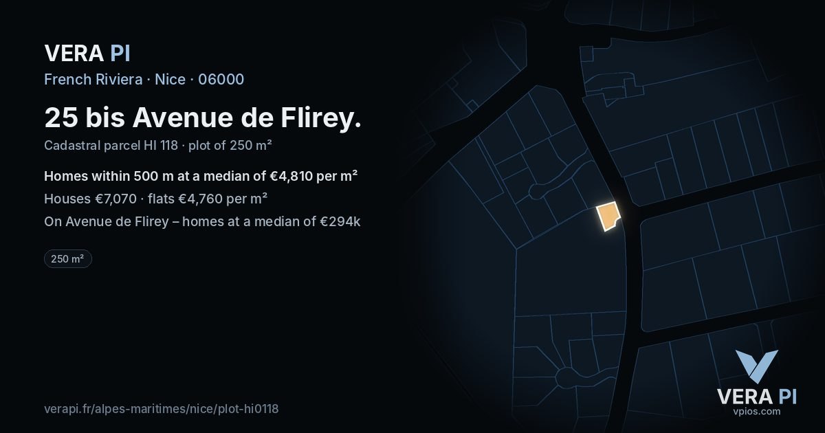25 bis Avenue de Flirey, Nice at night – the plot lit, the parcels around coloured by the prices near them