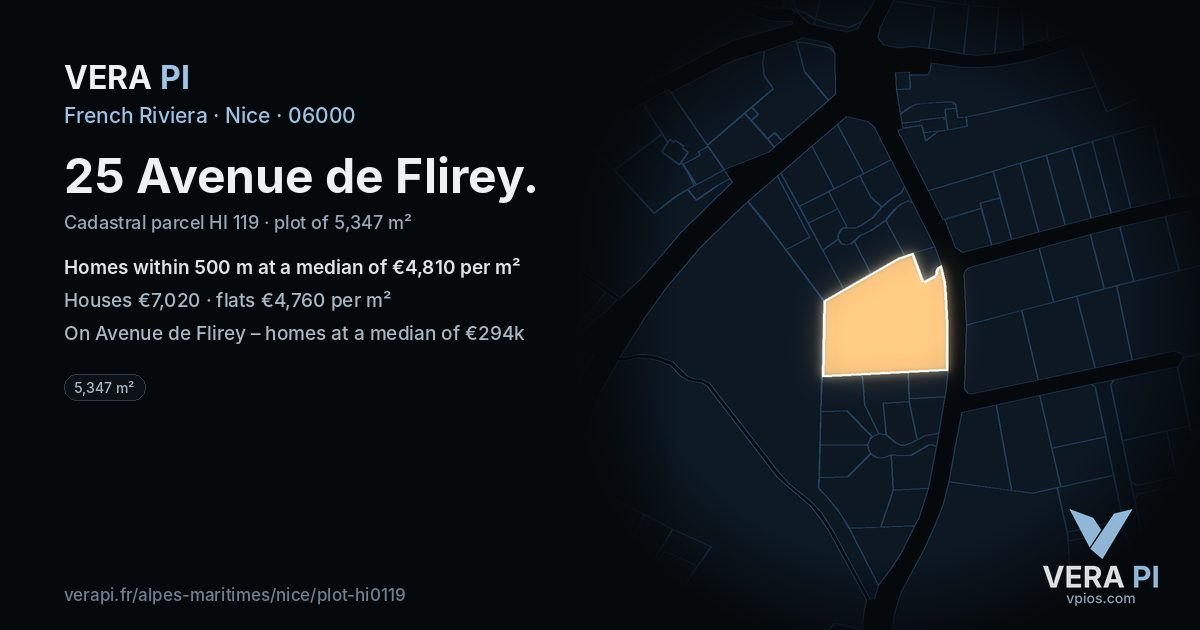 25 Avenue de Flirey, Nice at night – the plot lit, the parcels around coloured by the prices near them