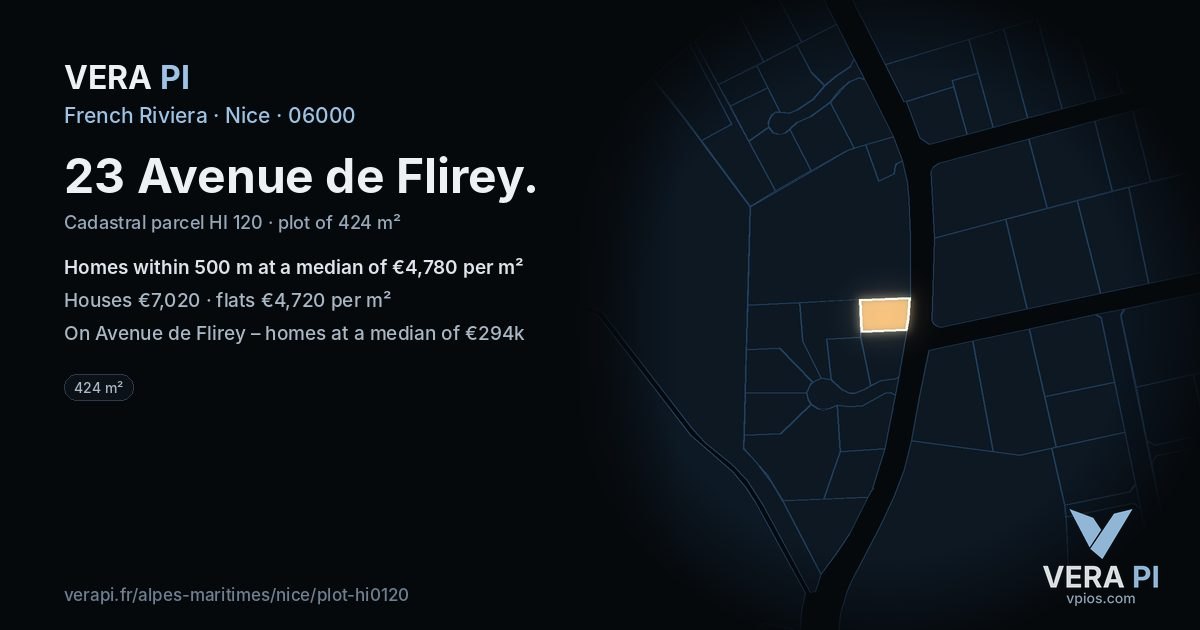 23 Avenue de Flirey, Nice at night – the plot lit, the parcels around coloured by the prices near them
