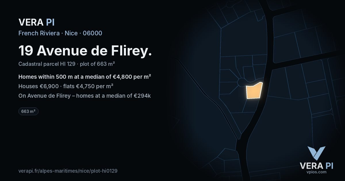 19 Avenue de Flirey, Nice at night – the plot lit, the parcels around coloured by the prices near them