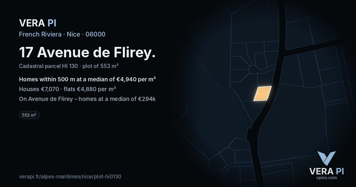 17 Avenue de Flirey, Nice at night – the plot lit, the parcels around coloured by the prices near them