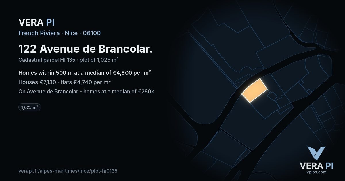 122 Avenue de Brancolar, Nice at night – the plot lit, the parcels around coloured by the prices near them
