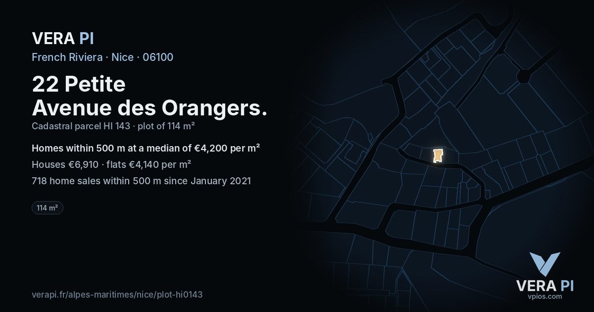 22 Petite Avenue des Orangers, Nice at night – the plot lit, the parcels around coloured by the prices near them