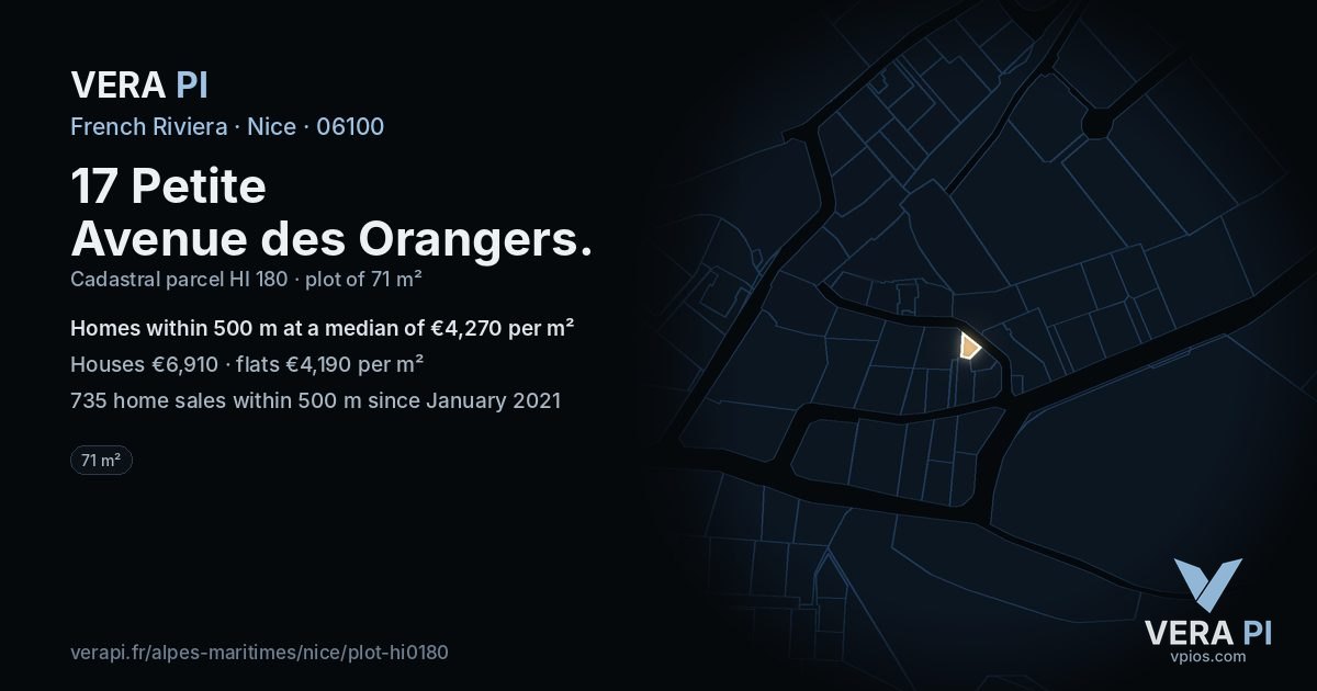17 Petite Avenue des Orangers, Nice at night – the plot lit, the parcels around coloured by the prices near them