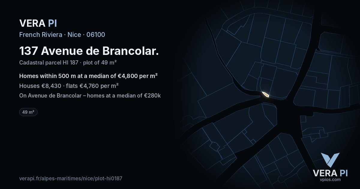 137 Avenue de Brancolar, Nice at night – the plot lit, the parcels around coloured by the prices near them
