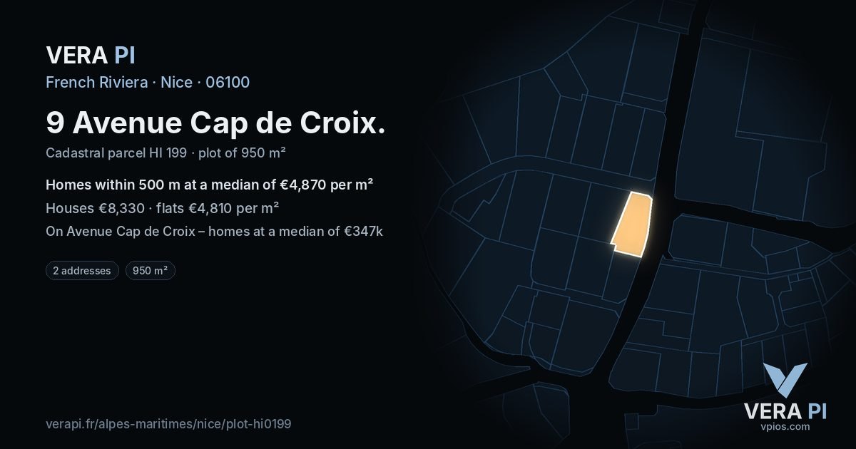 9 Avenue Cap de Croix, Nice at night – the plot lit, the parcels around coloured by the prices near them