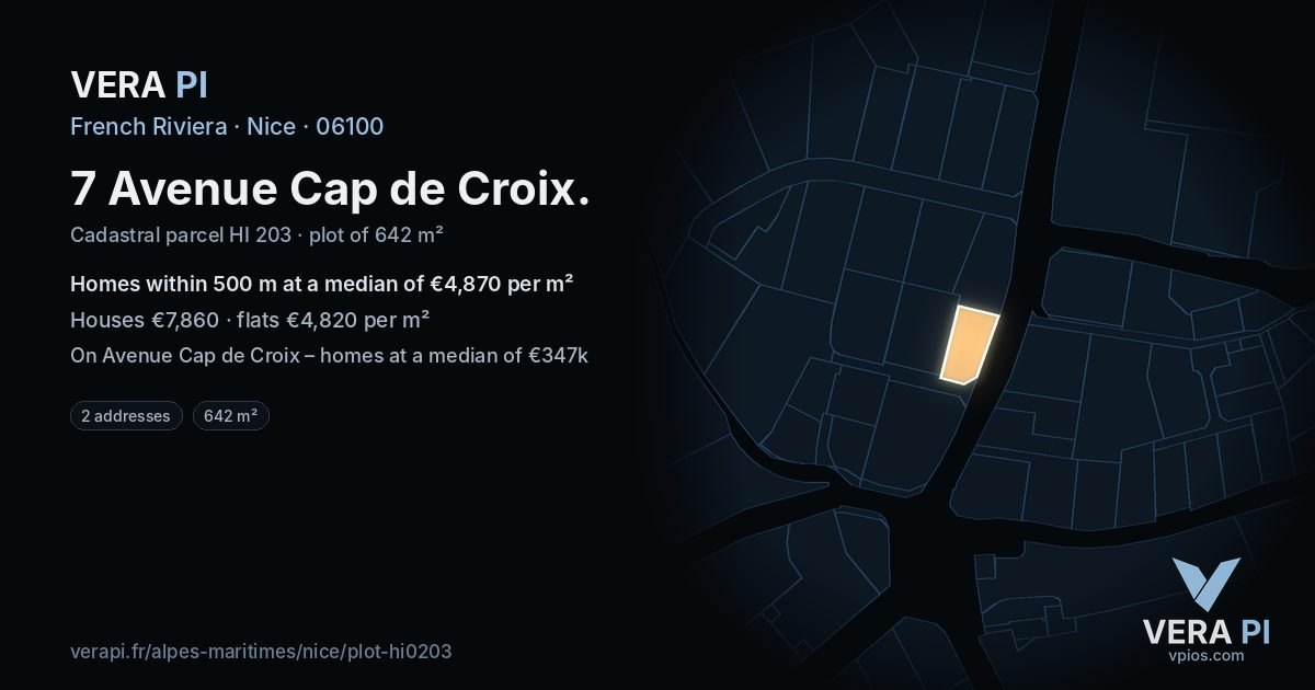 7 Avenue Cap de Croix, Nice at night – the plot lit, the parcels around coloured by the prices near them
