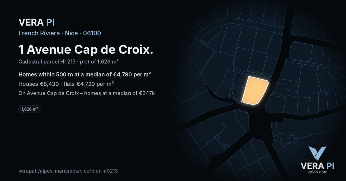 1 Avenue Cap de Croix, Nice at night – the plot lit, the parcels around coloured by the prices near them