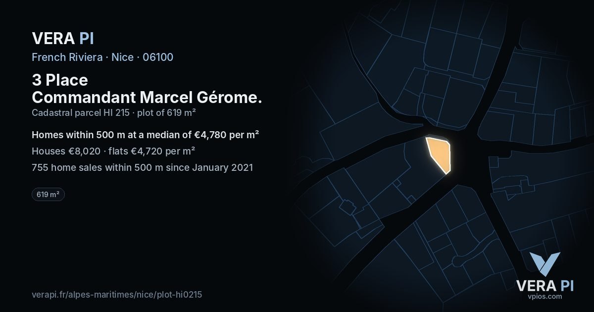 3 Place Commandant Marcel Gérome, Nice at night – the plot lit, the parcels around coloured by the prices near them