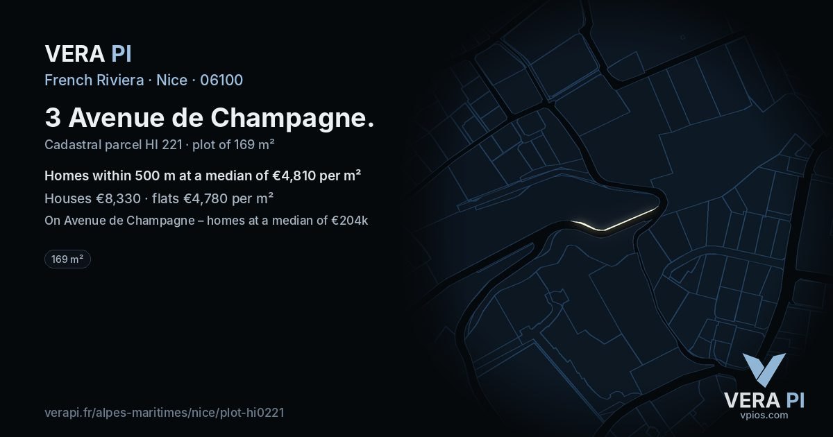 3 Avenue de Champagne, Nice at night – the plot lit, the parcels around coloured by the prices near them