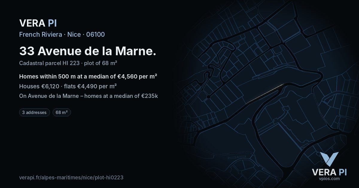 33 Avenue de la Marne, Nice at night – the plot lit, the parcels around coloured by the prices near them
