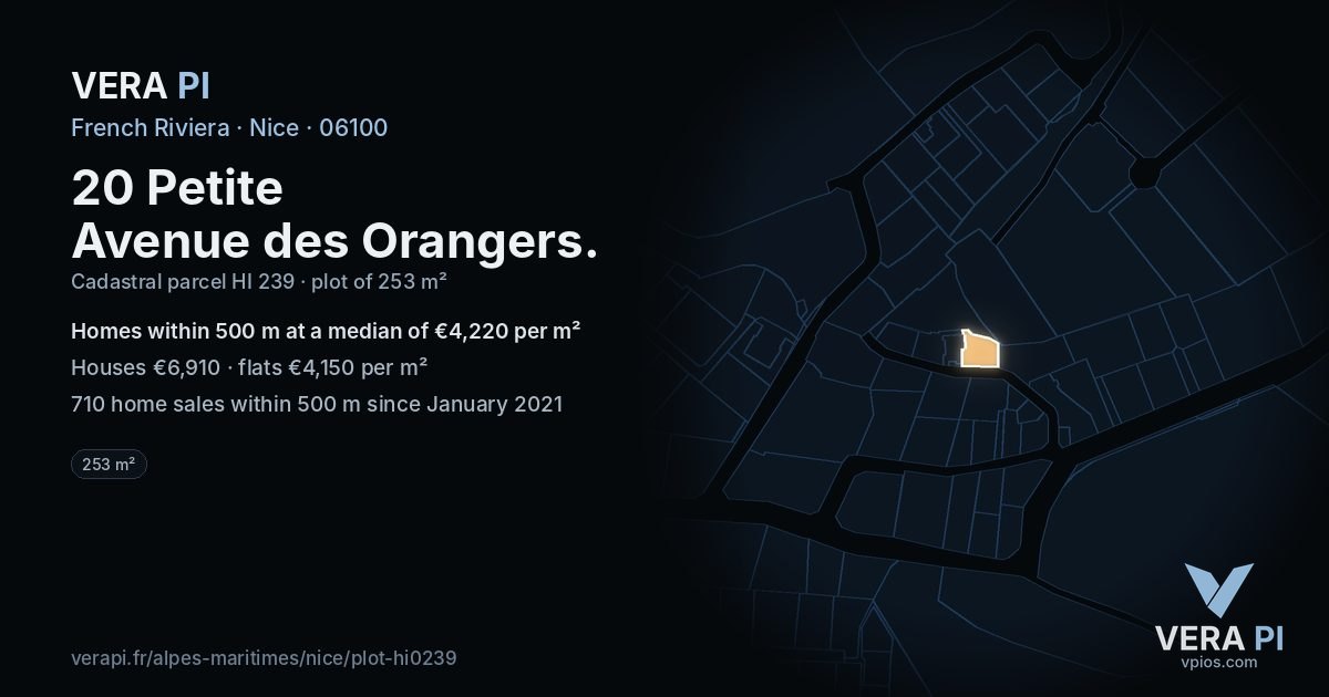 20 Petite Avenue des Orangers, Nice at night – the plot lit, the parcels around coloured by the prices near them
