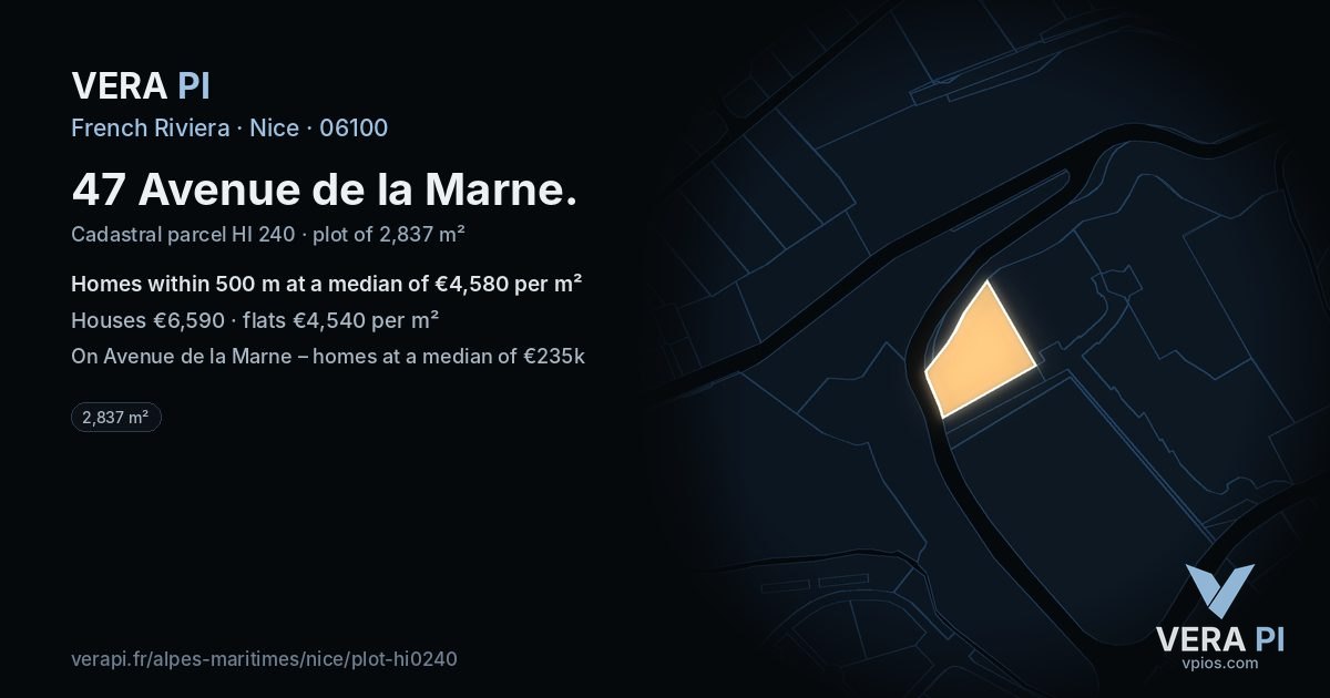 47 Avenue de la Marne, Nice at night – the plot lit, the parcels around coloured by the prices near them