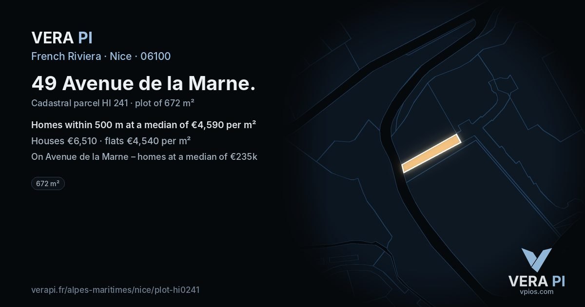 49 Avenue de la Marne, Nice at night – the plot lit, the parcels around coloured by the prices near them