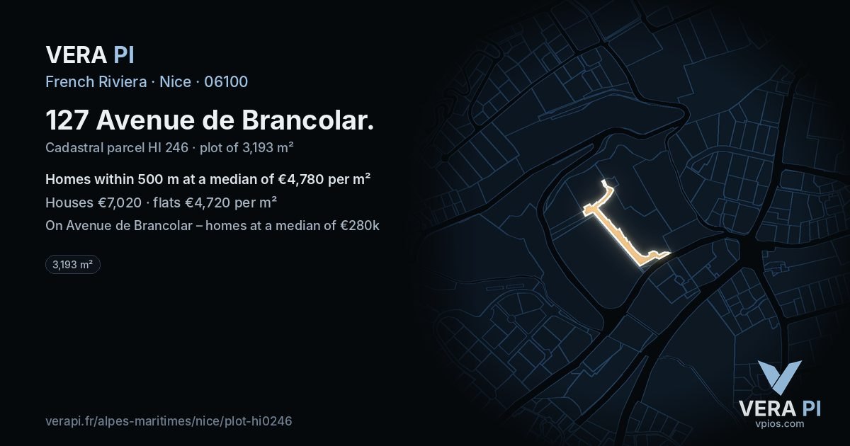 127 Avenue de Brancolar, Nice at night – the plot lit, the parcels around coloured by the prices near them