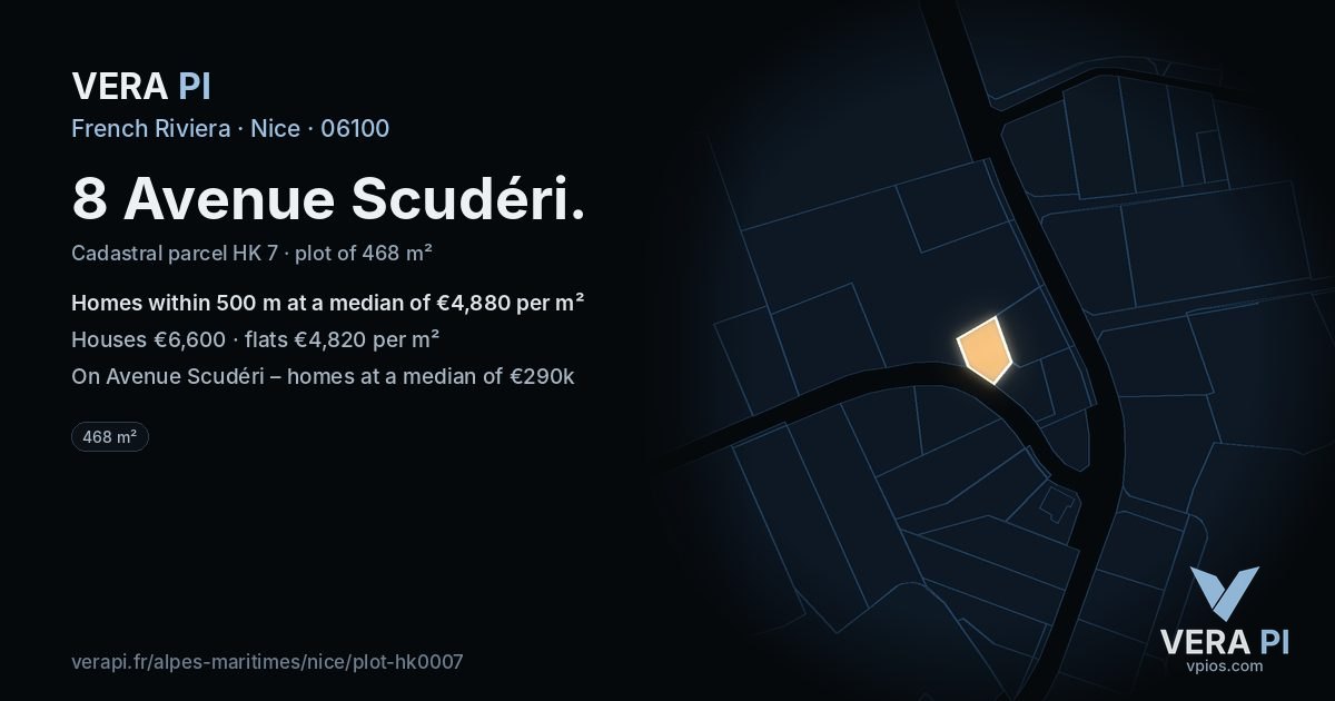 8 Avenue Scudéri, Nice at night – the plot lit, the parcels around coloured by the prices near them