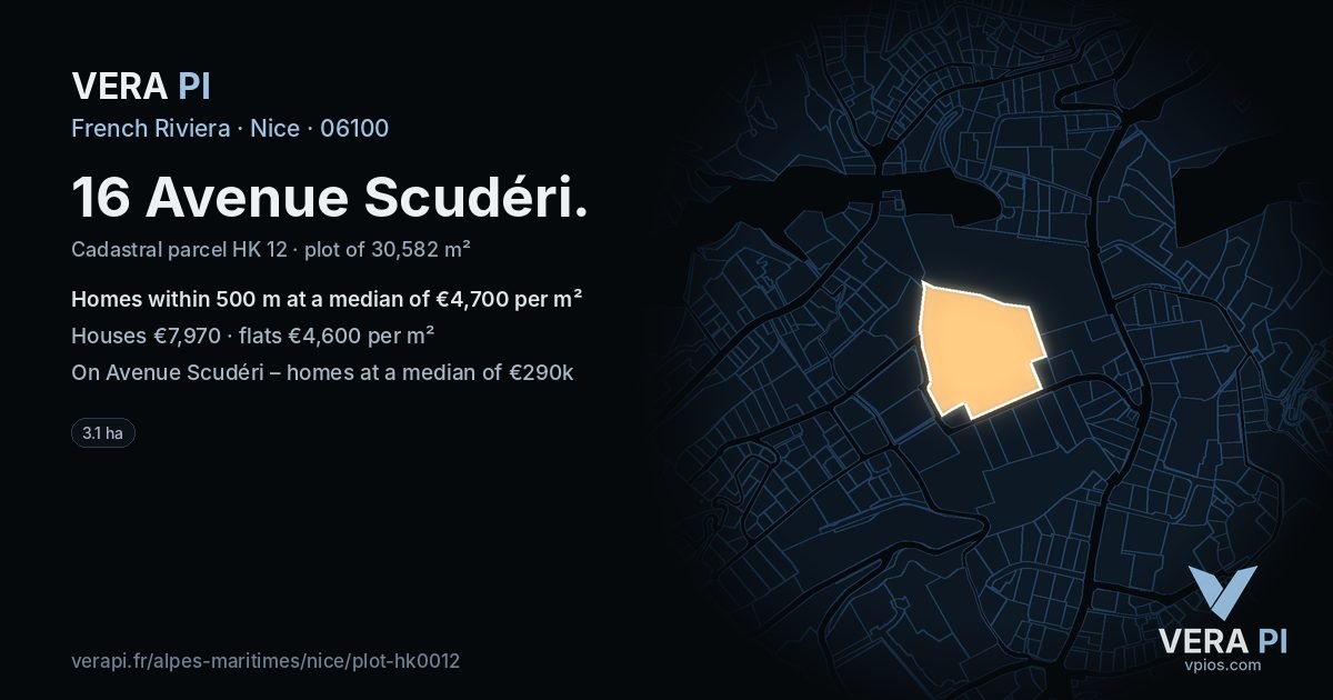 16 Avenue Scudéri, Nice at night – the plot lit, the parcels around coloured by the prices near them
