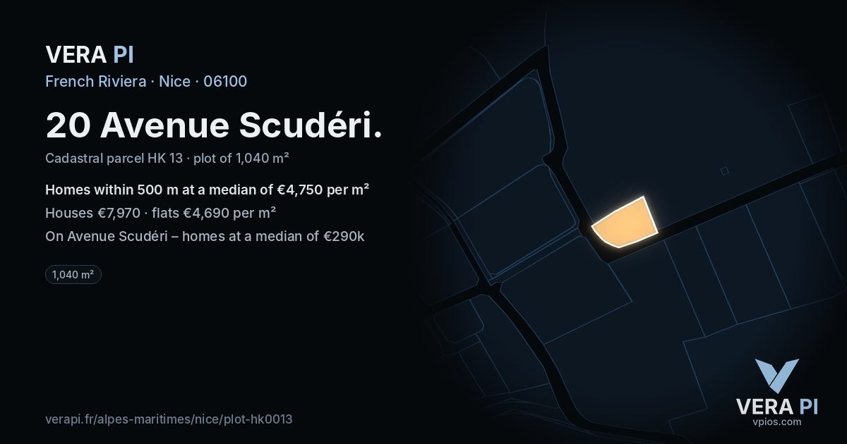 20 Avenue Scudéri, Nice at night – the plot lit, the parcels around coloured by the prices near them