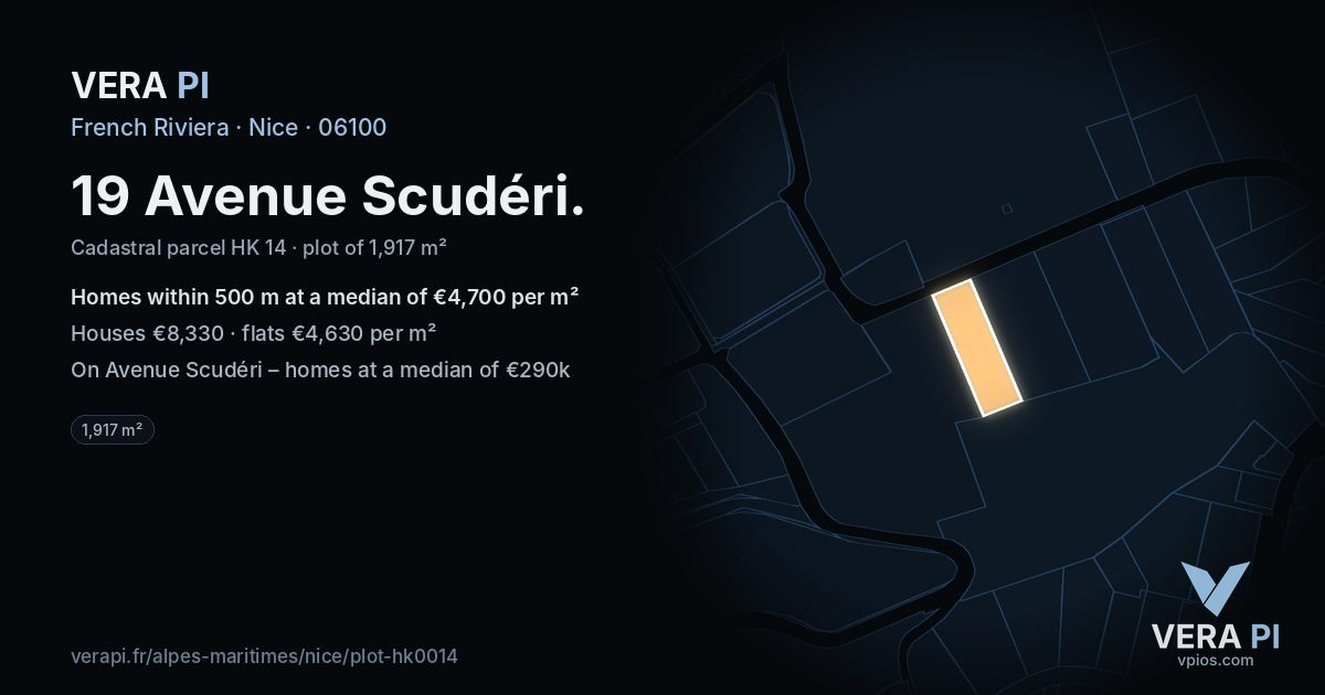 19 Avenue Scudéri, Nice at night – the plot lit, the parcels around coloured by the prices near them