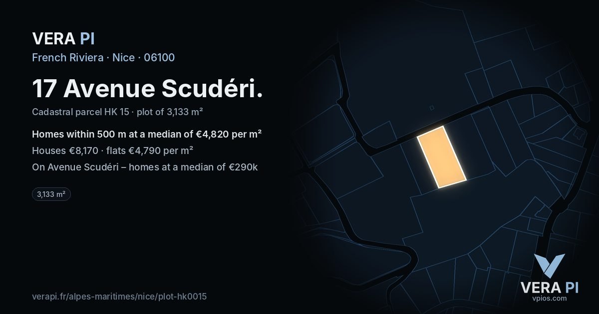 17 Avenue Scudéri, Nice at night – the plot lit, the parcels around coloured by the prices near them