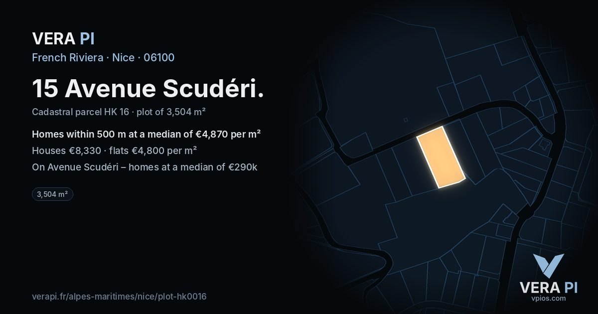 15 Avenue Scudéri, Nice at night – the plot lit, the parcels around coloured by the prices near them