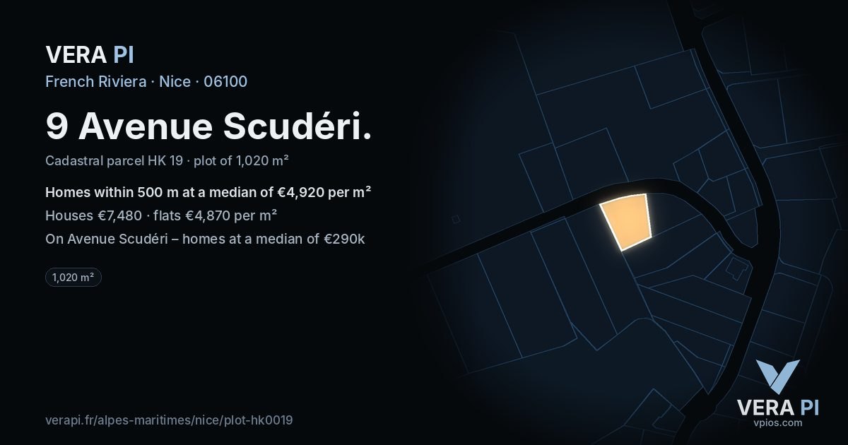 9 Avenue Scudéri, Nice at night – the plot lit, the parcels around coloured by the prices near them