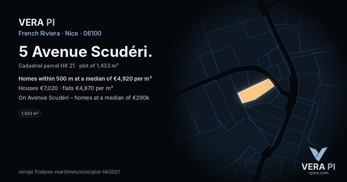 5 Avenue Scudéri, Nice at night – the plot lit, the parcels around coloured by the prices near them