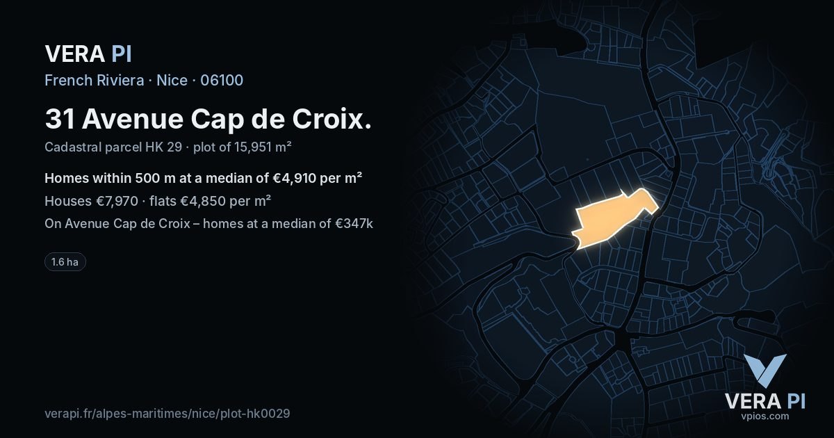 31 Avenue Cap de Croix, Nice at night – the plot lit, the parcels around coloured by the prices near them