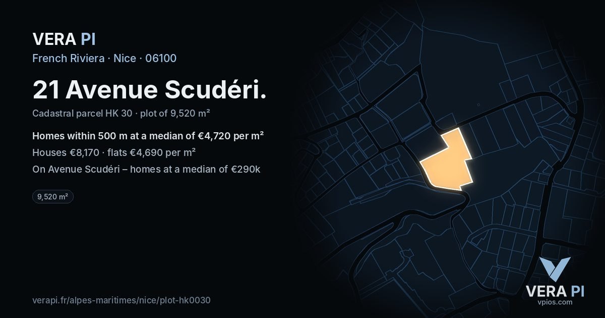 21 Avenue Scudéri, Nice at night – the plot lit, the parcels around coloured by the prices near them