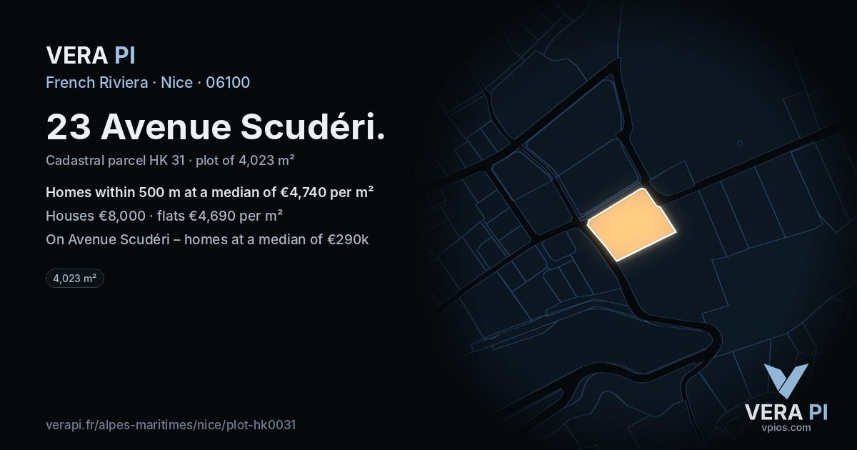 23 Avenue Scudéri, Nice at night – the plot lit, the parcels around coloured by the prices near them