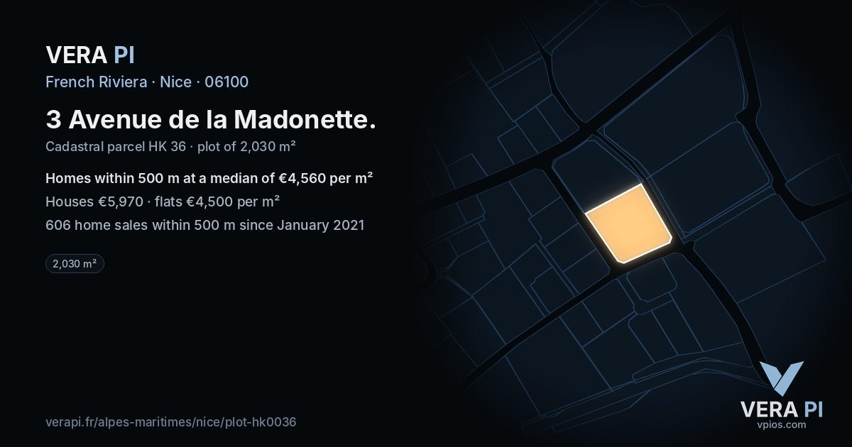 3 Avenue de la Madonette, Nice at night – the plot lit, the parcels around coloured by the prices near them