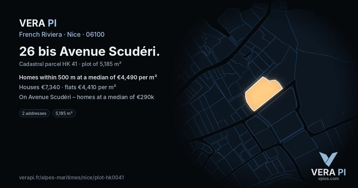 26 bis Avenue Scudéri, Nice at night – the plot lit, the parcels around coloured by the prices near them