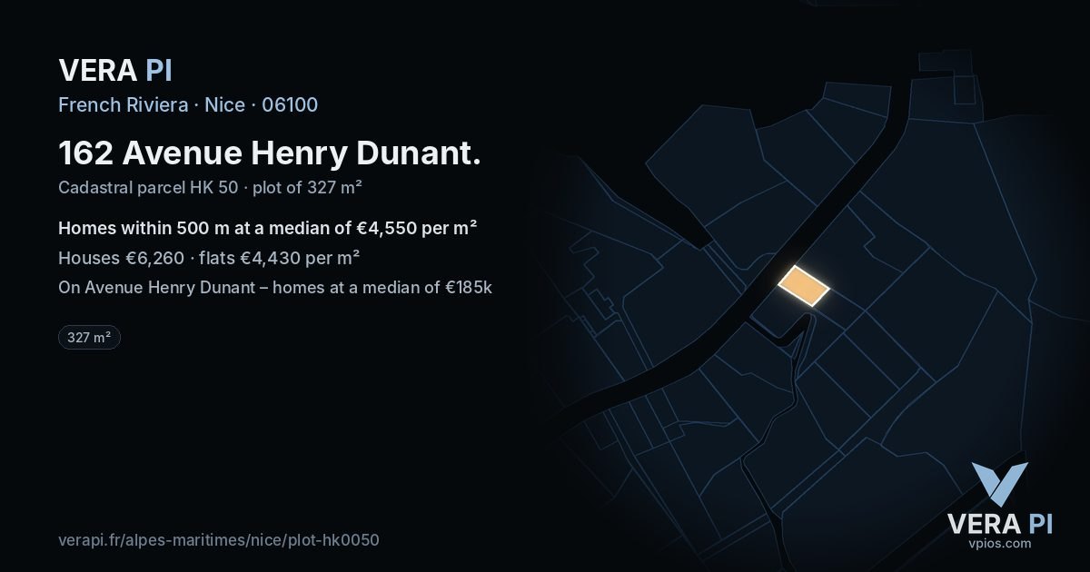162 Avenue Henry Dunant, Nice at night – the plot lit, the parcels around coloured by the prices near them