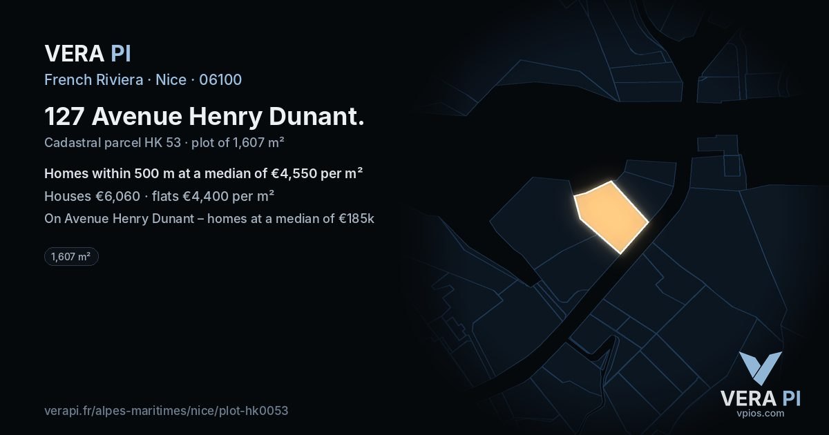 127 Avenue Henry Dunant, Nice at night – the plot lit, the parcels around coloured by the prices near them