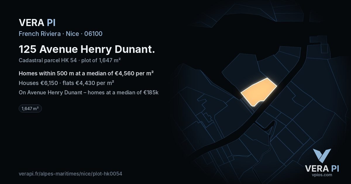 125 Avenue Henry Dunant, Nice at night – the plot lit, the parcels around coloured by the prices near them