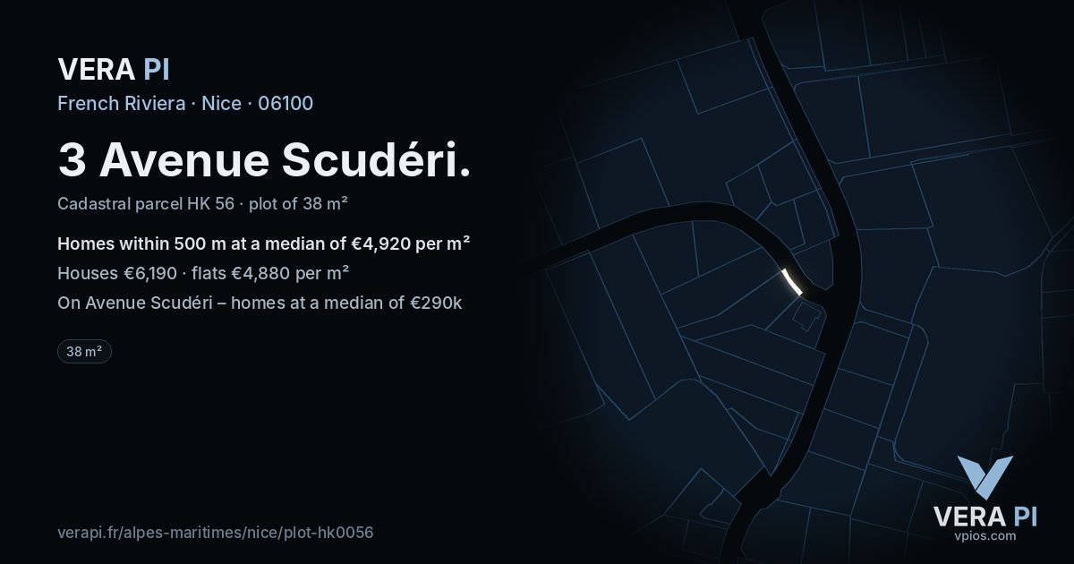 3 Avenue Scudéri, Nice at night – the plot lit, the parcels around coloured by the prices near them