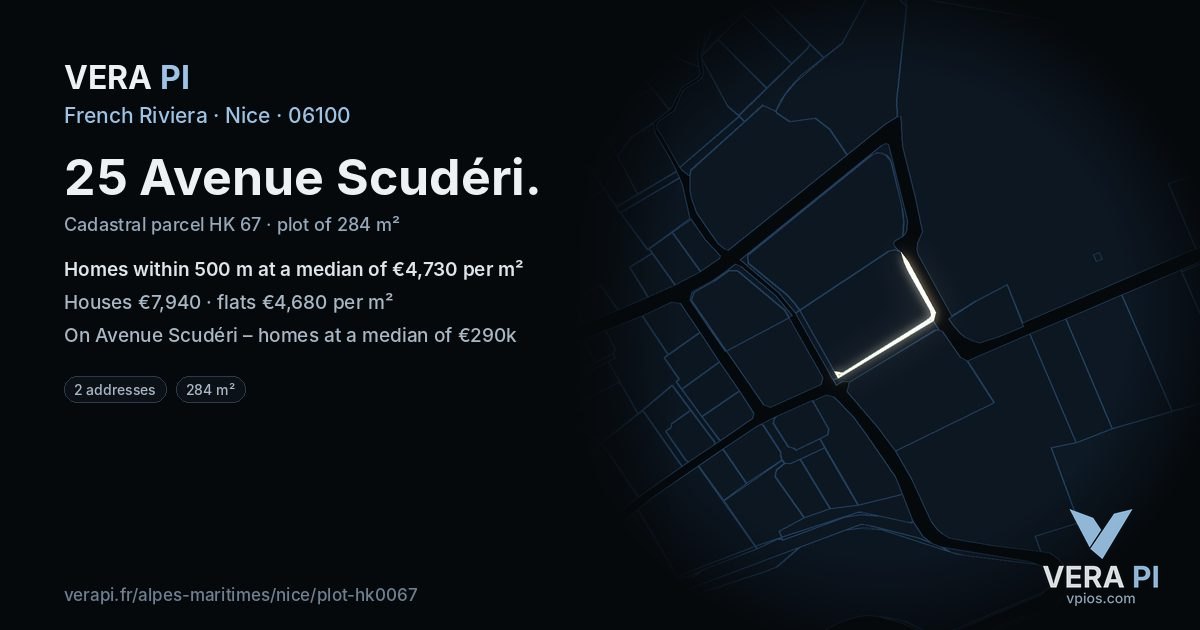 25 Avenue Scudéri, Nice at night – the plot lit, the parcels around coloured by the prices near them