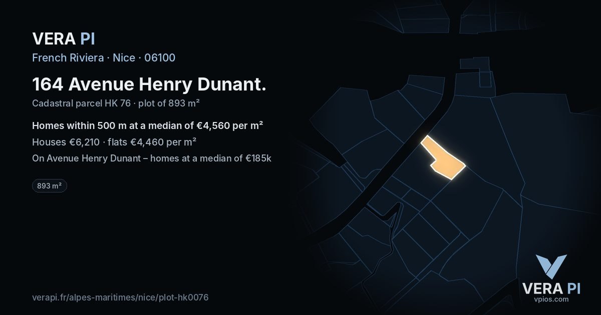 164 Avenue Henry Dunant, Nice at night – the plot lit, the parcels around coloured by the prices near them