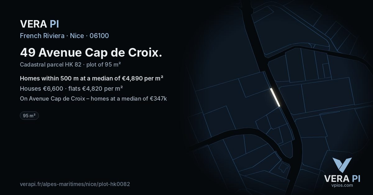 49 Avenue Cap de Croix, Nice at night – the plot lit, the parcels around coloured by the prices near them